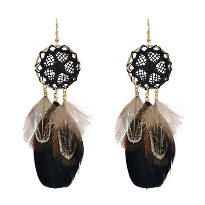 Boho Feather Dream Catcher Dangle Earrings - Black - KittyKat