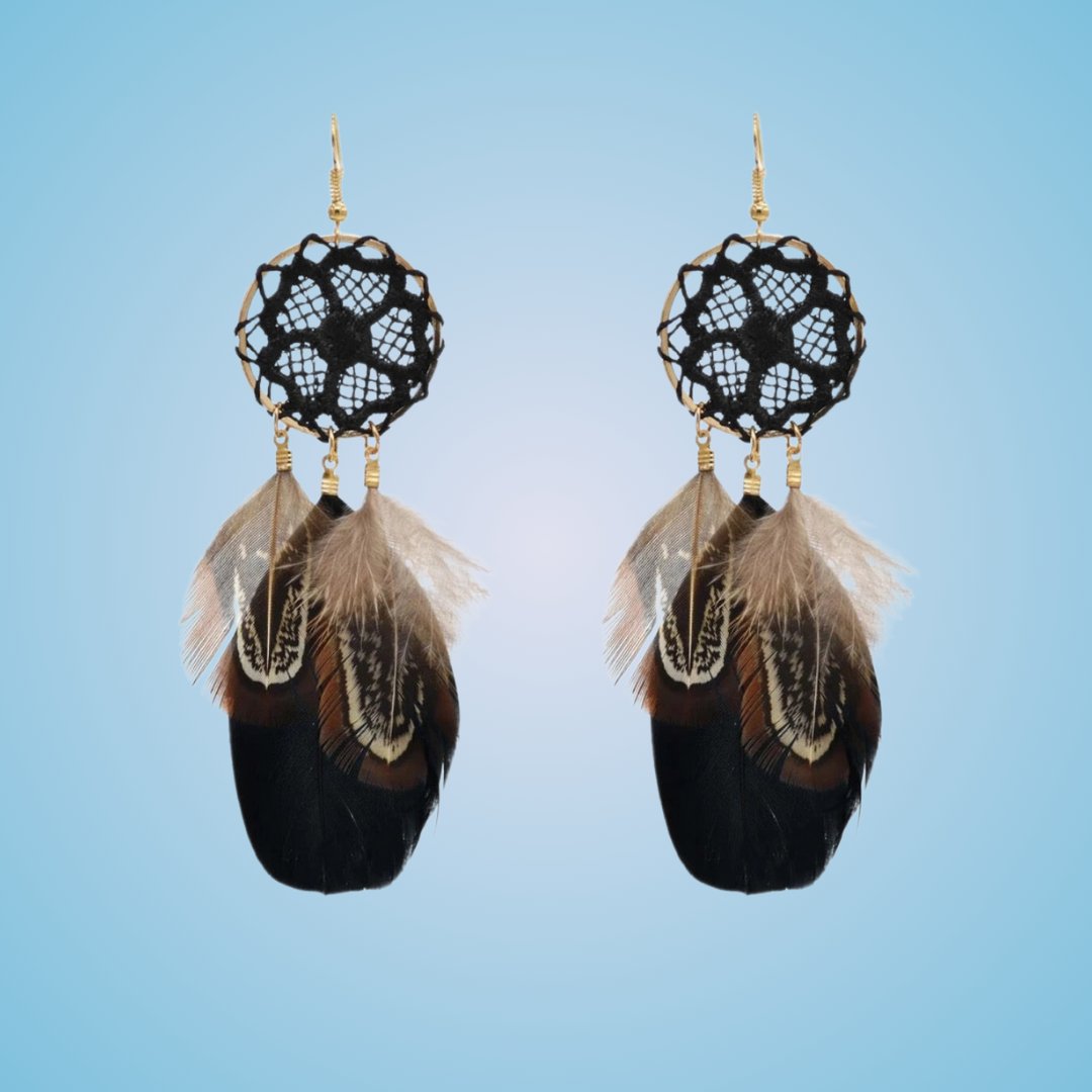 Boho Feather Dream Catcher Dangle Earrings - Black - KittyKat