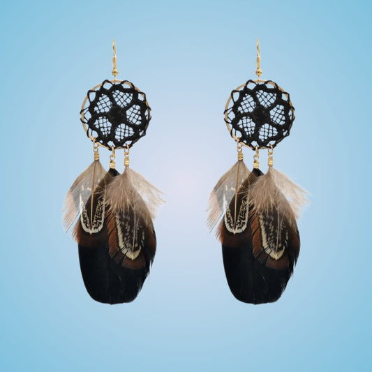 Boho Feather Dream Catcher Dangle Earrings - Black - KittyKat