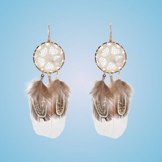 Boho Feather Dream Catcher Dangle Earrings - White - KittyKat