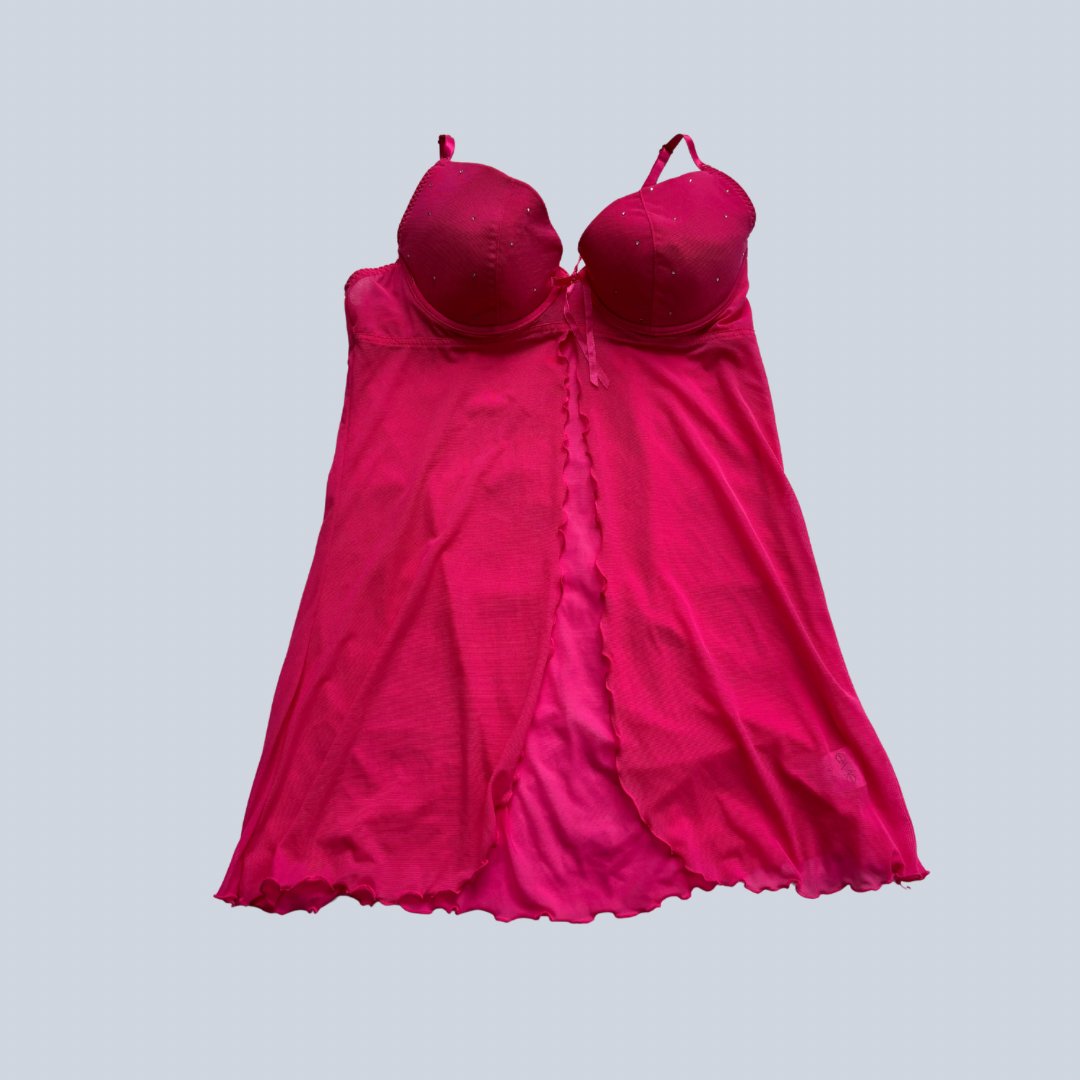 Hot Pink Rhinestone Sheer Cami Babydoll Style Top - KittyKat