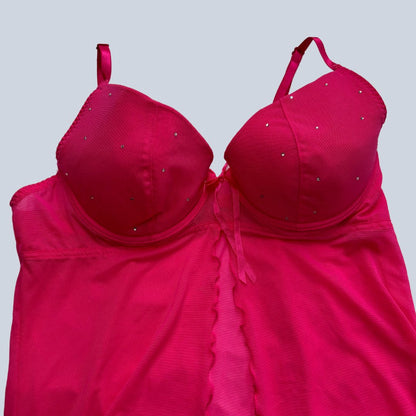 Hot Pink Rhinestone Sheer Cami Babydoll Style Top - KittyKat