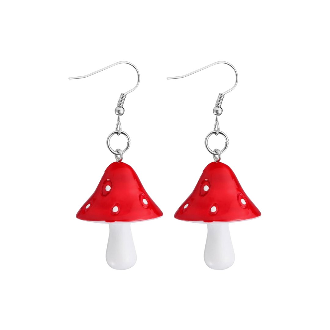 Mushroom Dangle Earrings - Red - KittyKat