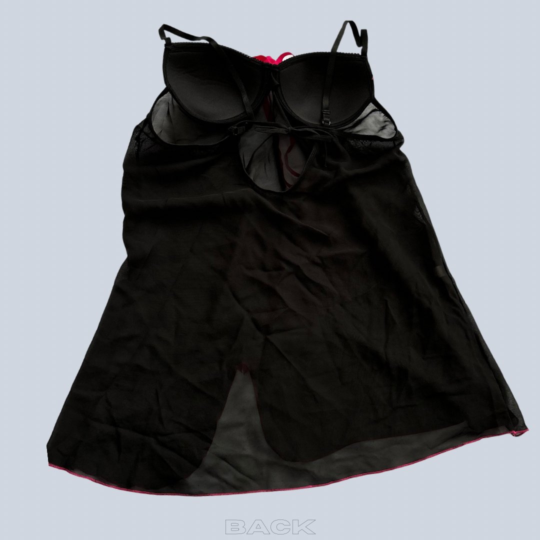 Sheer Black Mesh Mini Slip Dress With A Pink Ribbon Bow - KittyKat