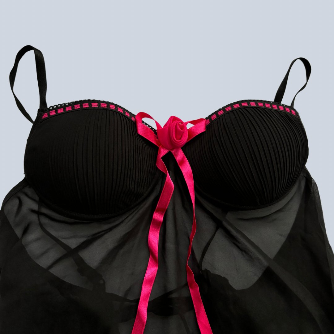 Sheer Black Mesh Mini Slip Dress With A Pink Ribbon Bow - KittyKat