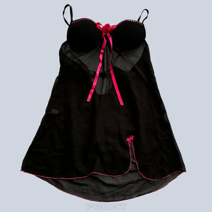 Sheer Black Mesh Mini Slip Dress With A Pink Ribbon Bow - KittyKat