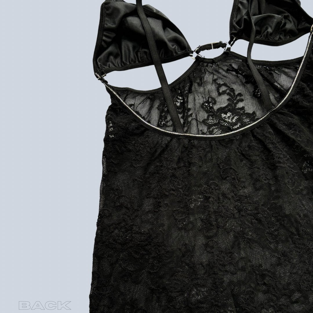 Shiny Black Lace Slip Dress With Silver Detailing - KittyKat