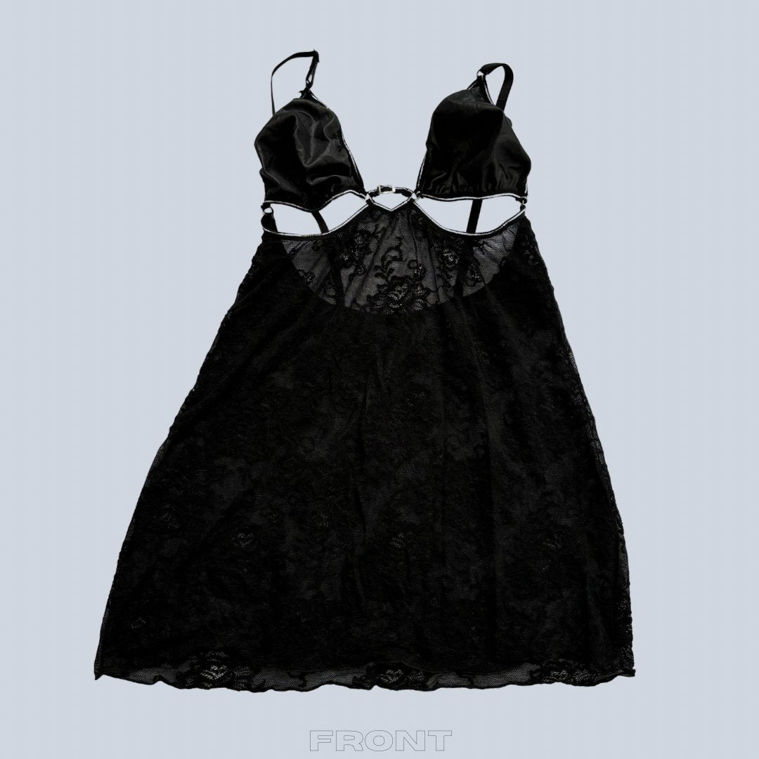 Shiny Black Lace Slip Dress With Silver Detailing - KittyKat